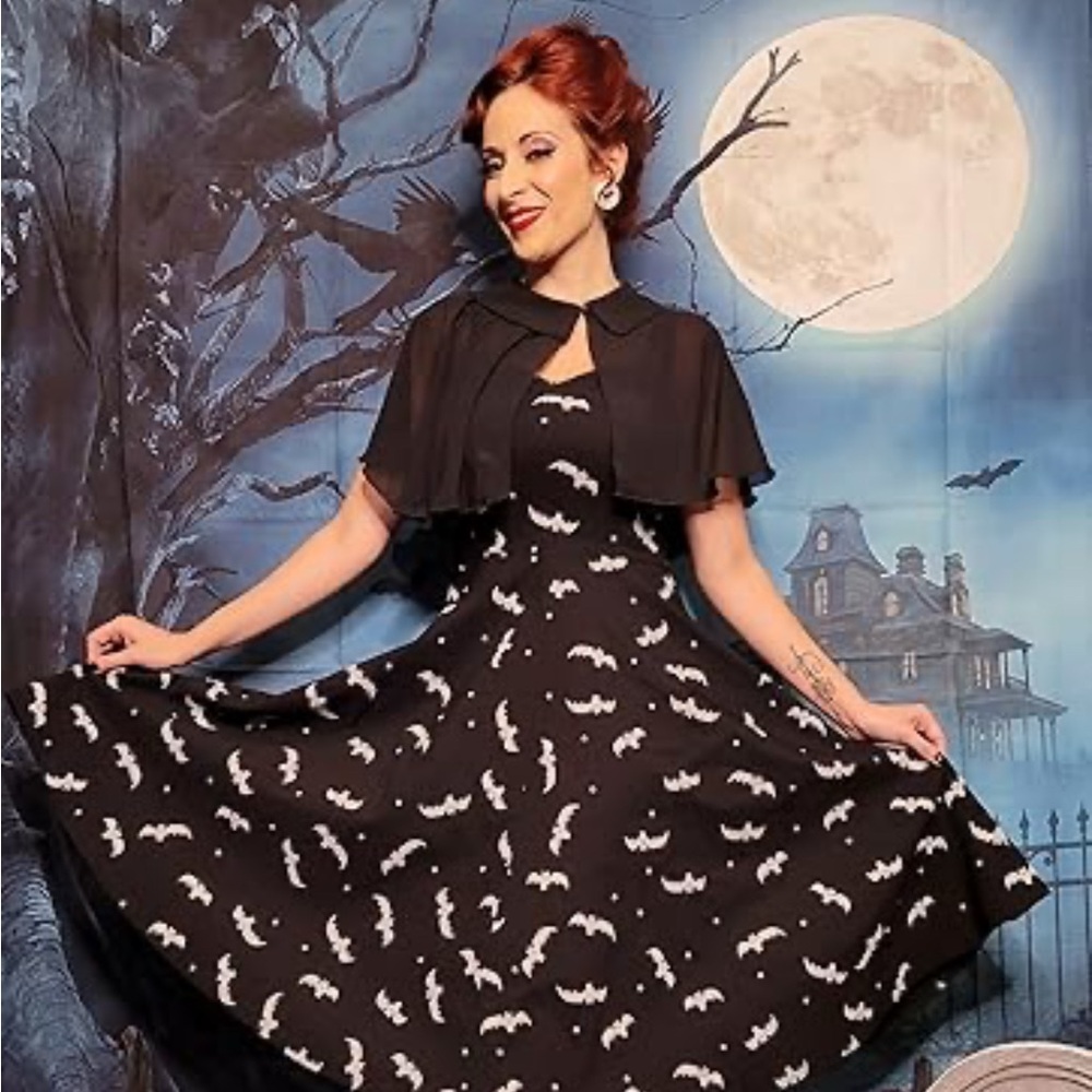 Black Dress with White Bat Print